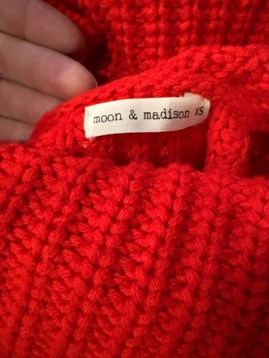 moon & madison Bright Red Off-the-Shoulder Fold-Over Sweater - Picture 3 of 3